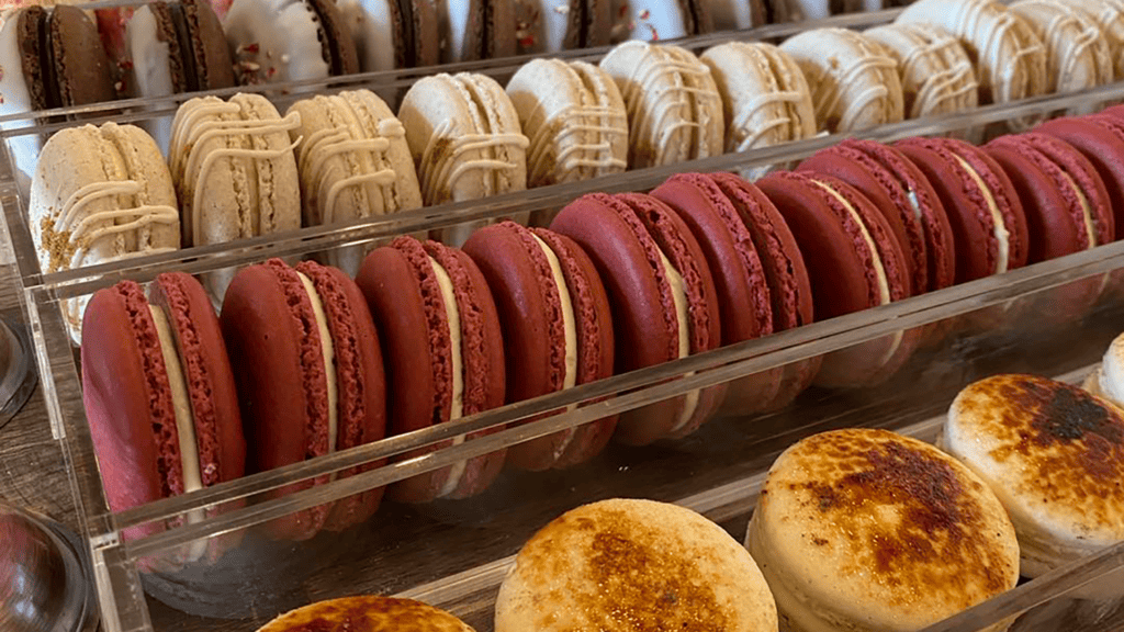selection of macarons at a bakery