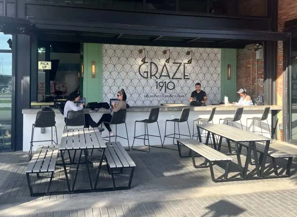 people sitting at an outdoor bar