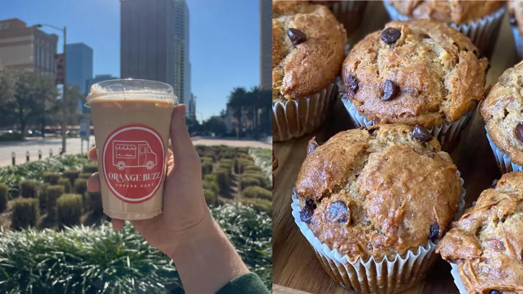 a cup of iced coffee being held in the air, an array of muffins