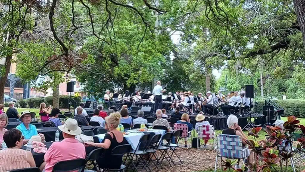 multiple people dining at picnic tables in a park