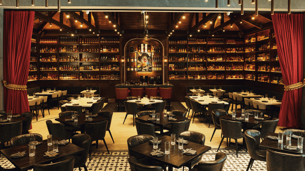 interior of a bar with red curtains