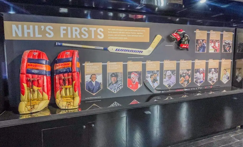 collection of NHL memorabilia behind a glass case