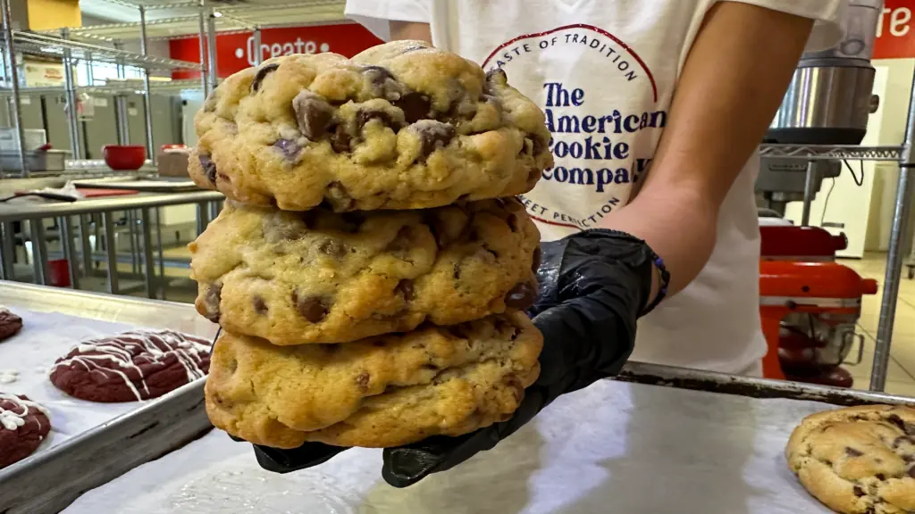 a huge stack of chocolate chip cookies