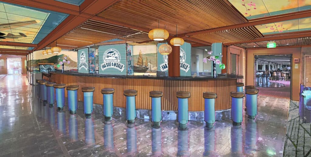 a warp around bar aboard a cruise ship. Blue bar stools are arranged around a wooden counter