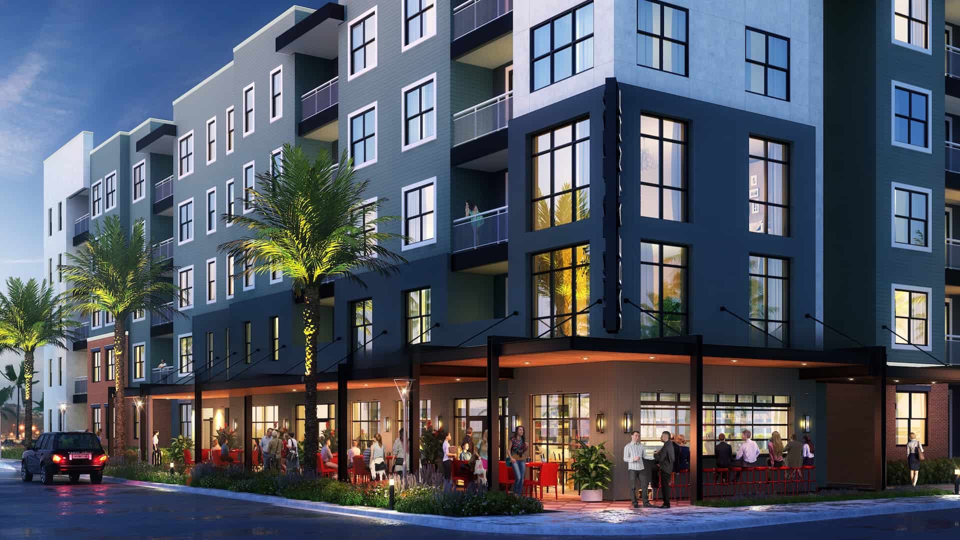 rendering of a downtown apartment building. A bar is situated on the ground floor