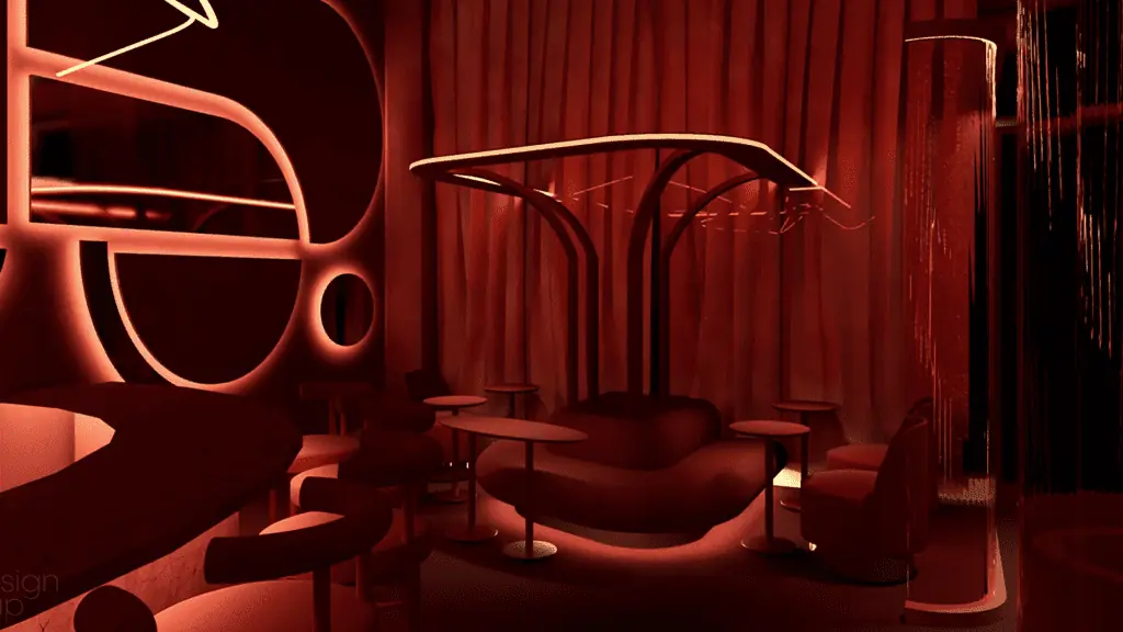 rendering of a music lounge with a private room with red velvet curtains