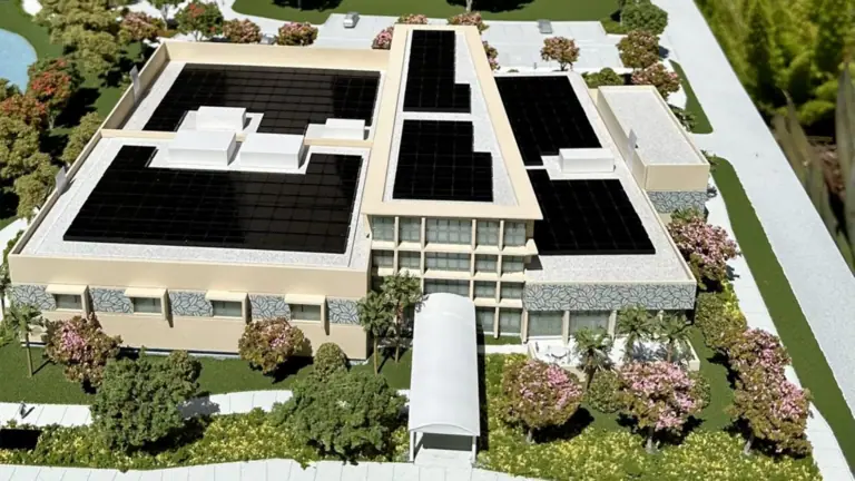 aerial rendering of a large community center and public par
