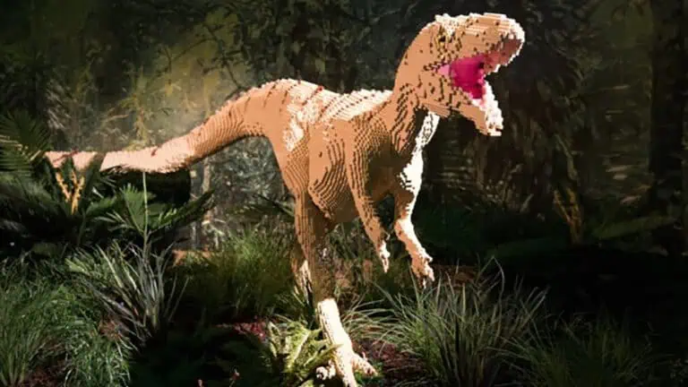 a raptor dinosaur made up of lego bricks