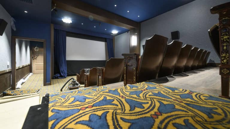 interior of a small cinema with green and gold carpeting