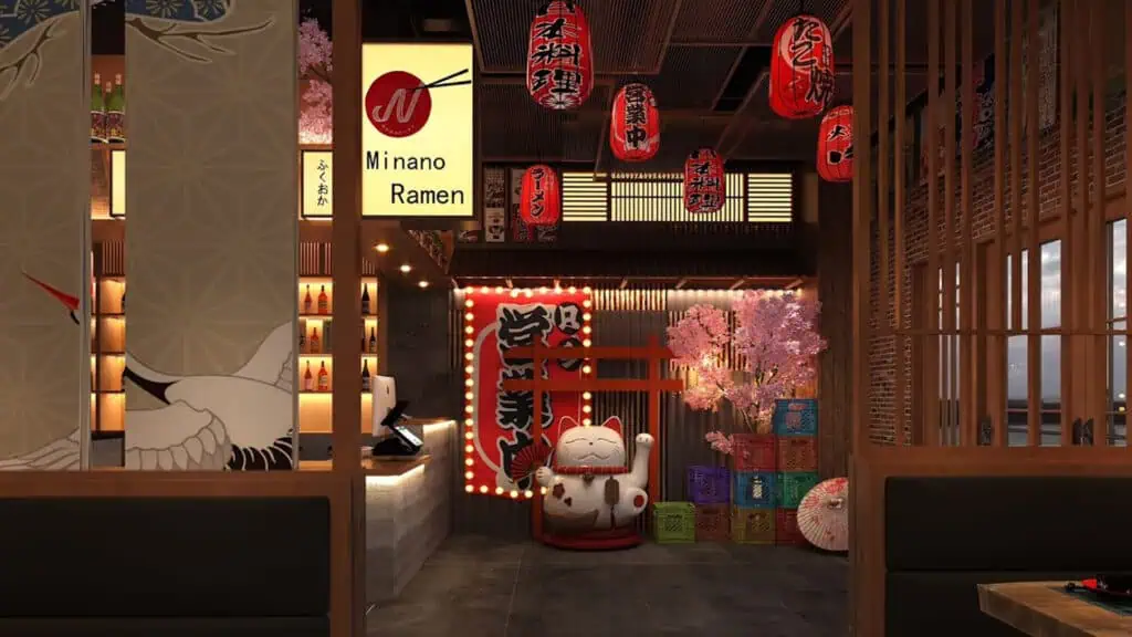 interior of a restaurant with cherry blossom decor and red lanterns from the ceiling 