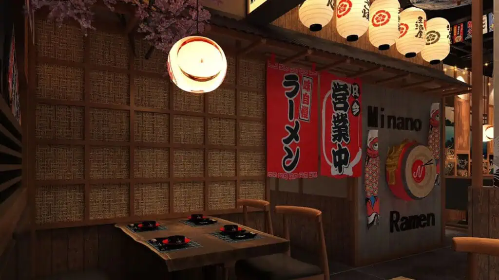 Interior of a Japanese restaurant with red lanterns 