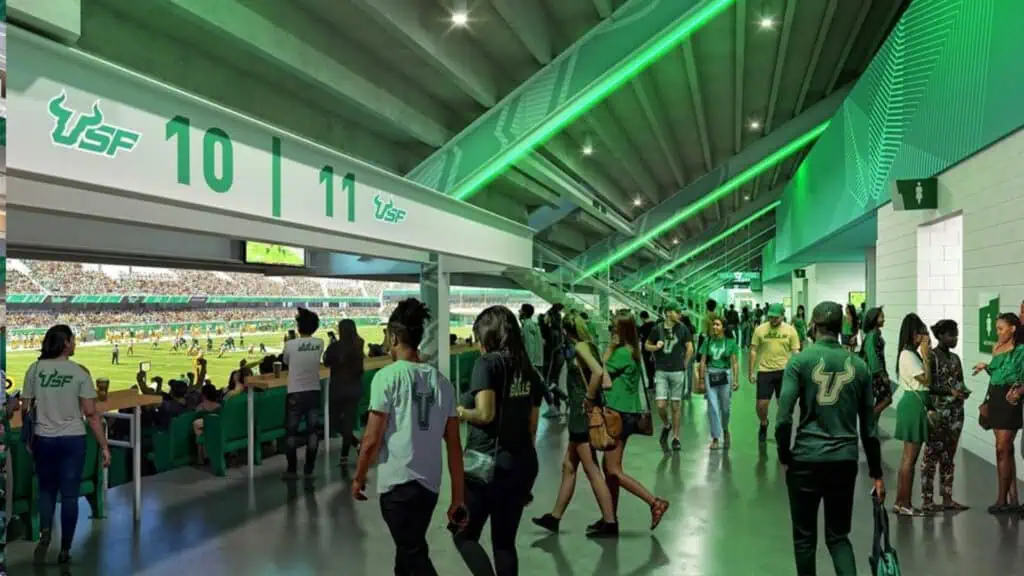 rendering of people browsing concessions at a football stadium