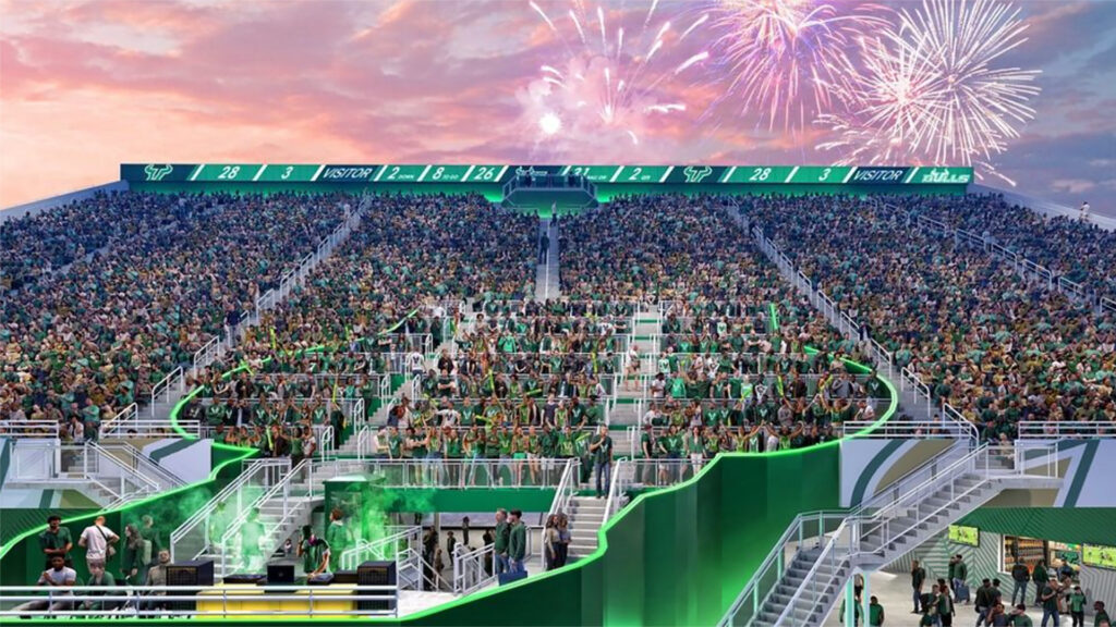 rendering of a football stadium with fireworks going off in the background 