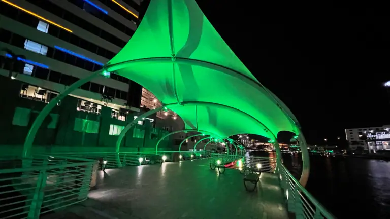 a green illuminated shade covering on a Riverwalk