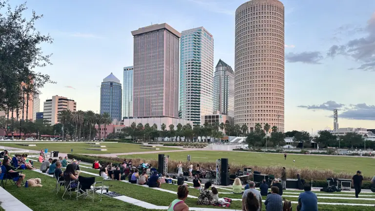 a group of people enjoy a live concert in a park with a skyline in the background