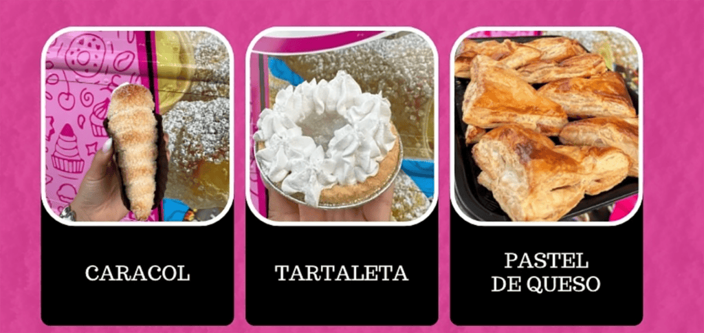 three different pastries on a pink menu board