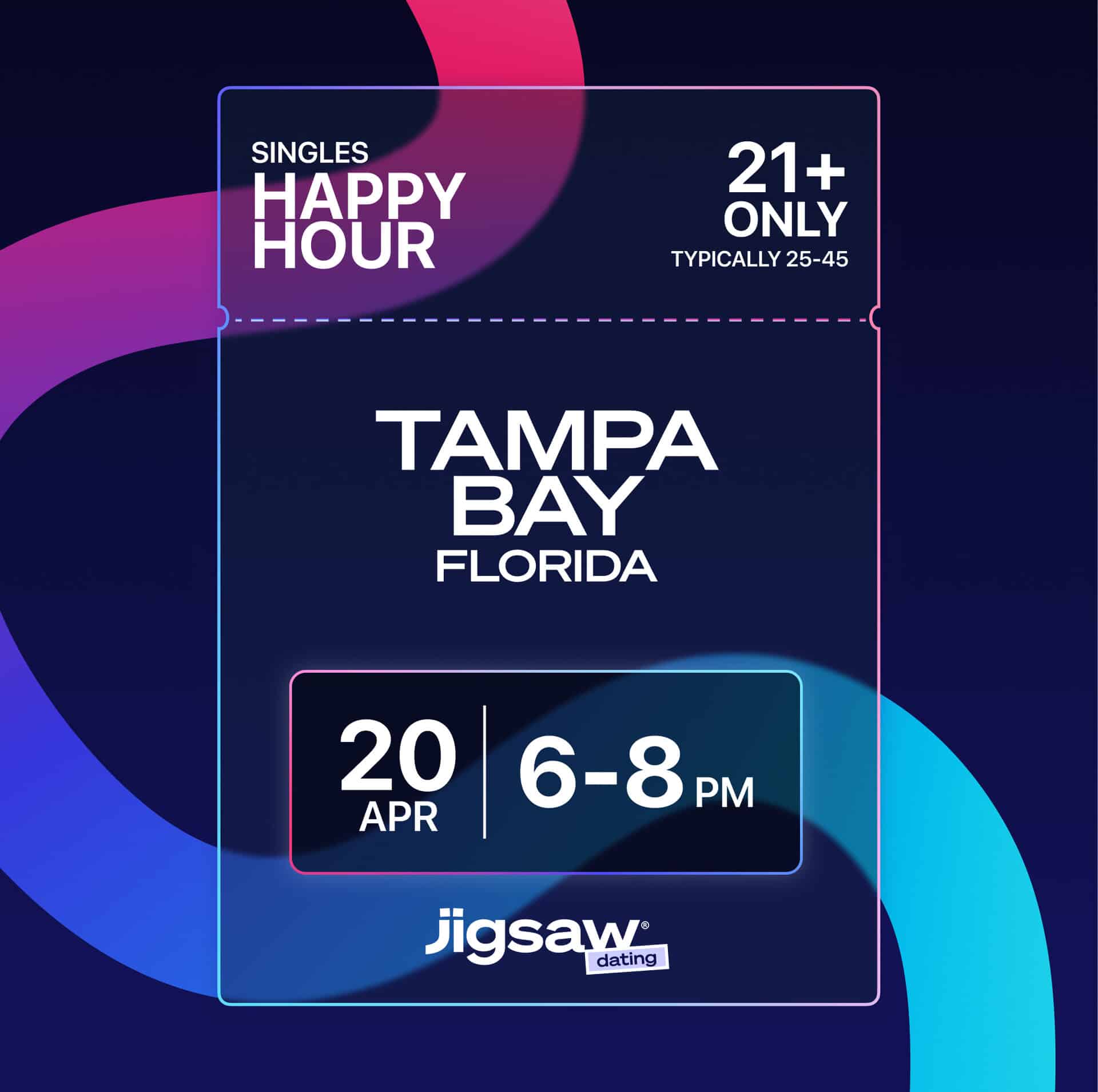 Tampa Bay April Singles Happy Hour with Jigsaw Dating at The Patio Tampa from 6pm-8pm on April 20th