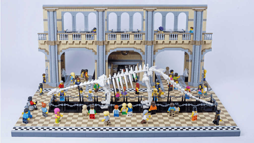 a LEGO brick display made to look like a fossil display in a museum 