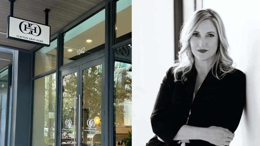 Hanging sign of Clayton Gray Home in front of glass door side by side with Wendy Garraty's black and white photo