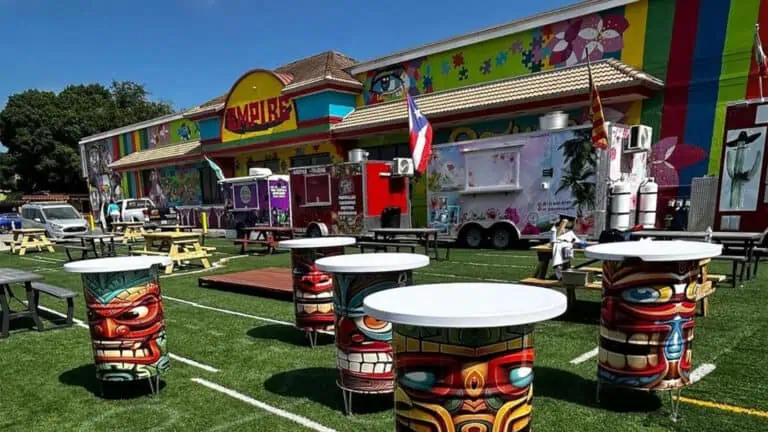 exterior of a large food truck plaza