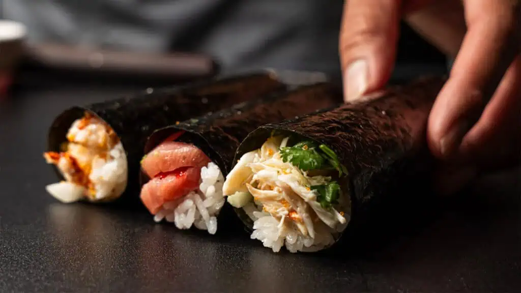 tree Han hand rolls on a plate 