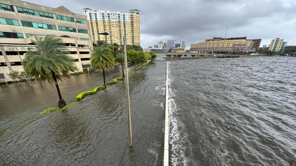 aerial footage of a flooded sidewalk