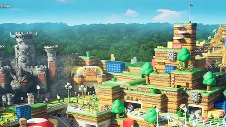 aerial rendering of a large Nintendo themed park