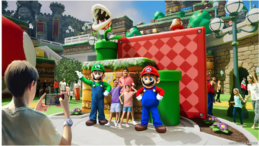 Nintendo characters pose with park visitors