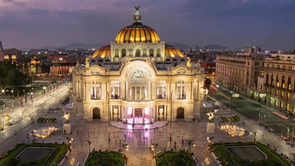 a historic building illuminated at night