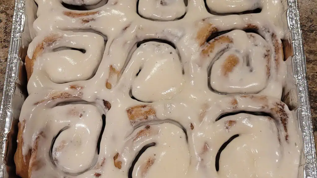 aerial view of a sheet of cinnamon rolls