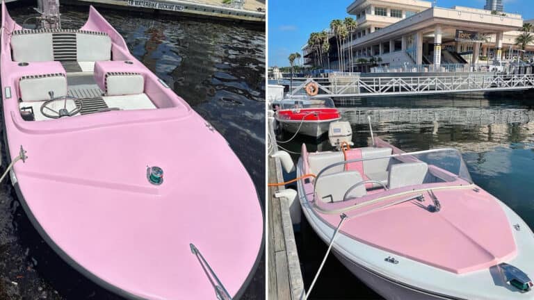 two retro pink boats with shark fin taillights