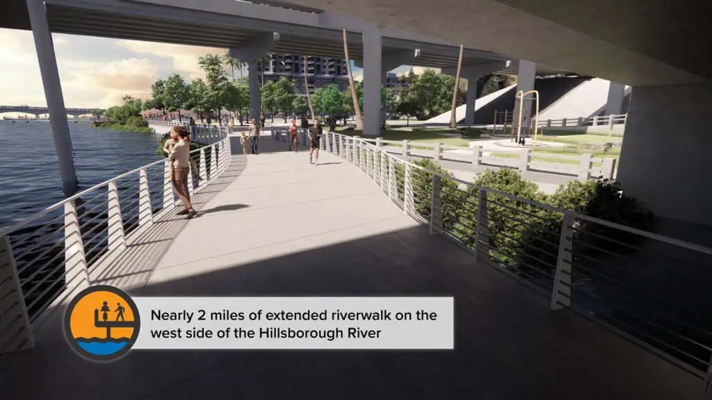 rendering of a riverwalk with multiple people walking