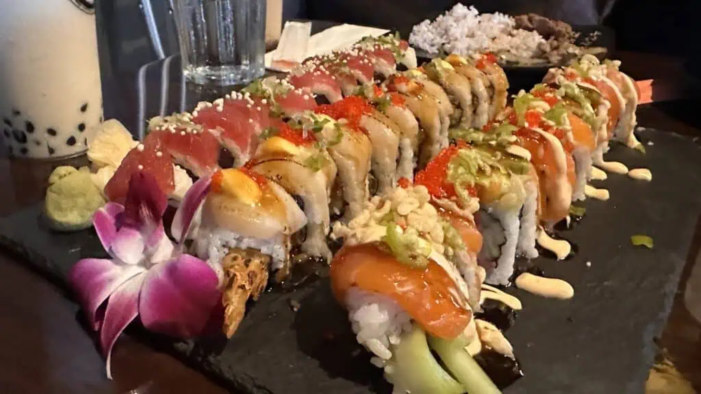 a huge plate of sushi