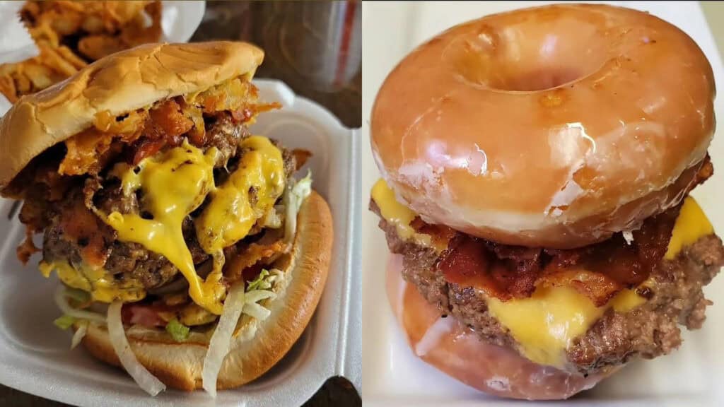 a burger served on a glazed donut bun, a large stacked cheeseburger 