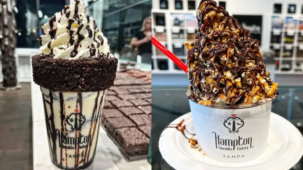 two different ice cream cones in cups covered in chocolate