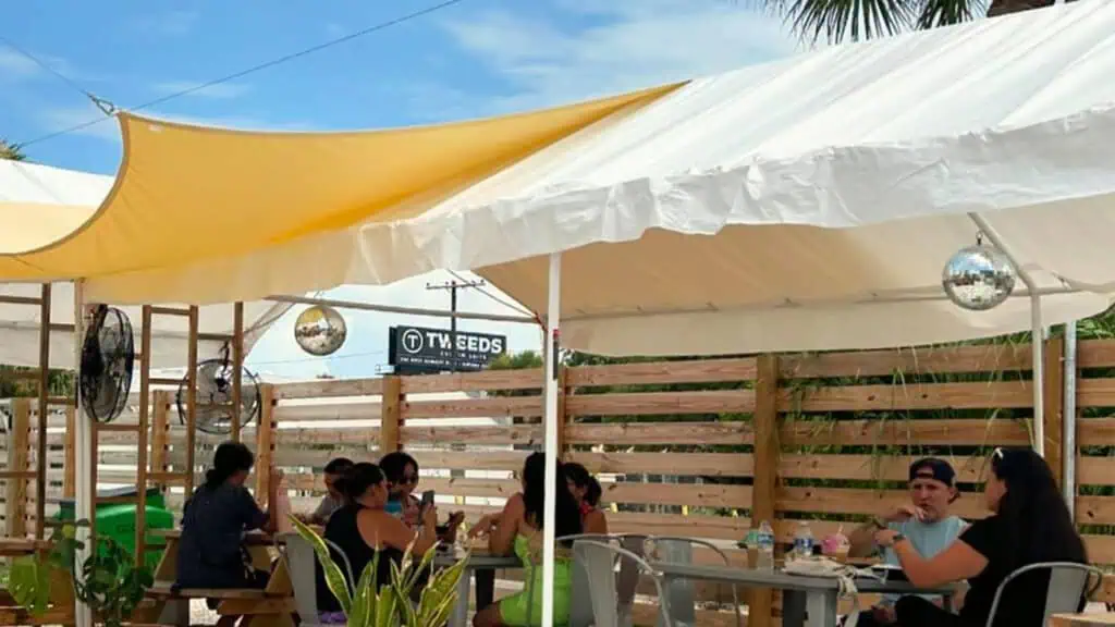 Outside lawn area with shade structures over picnic tables 