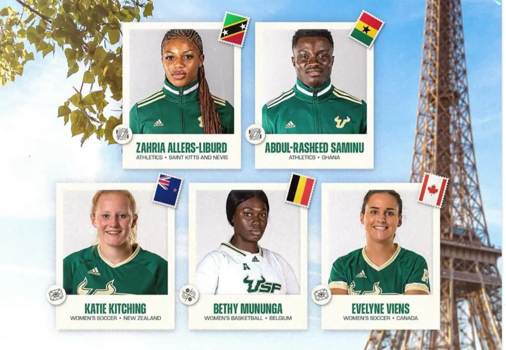 graphic showing athletes from USF Tampa headed to the Paris Olympics 