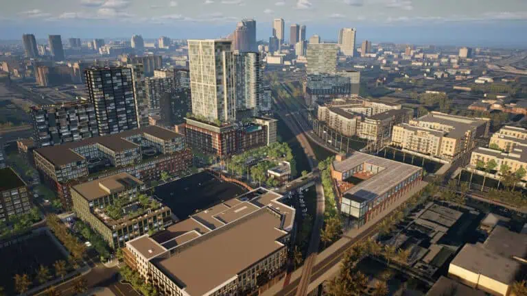 rendering of a downtown area with multiple tall buildings