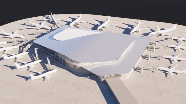 rendering of airside D at the Tampa Airport - the terminal is surrounded by renderings of large planes