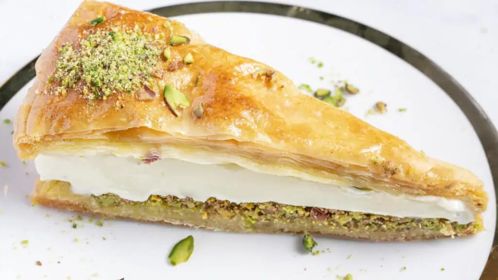 a slice of baklava with ice cream at the center