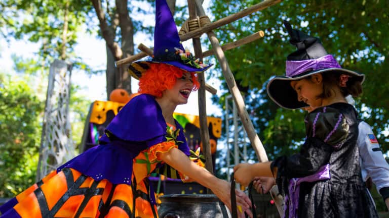 a woman in a witch costume hands out candy at a theme park