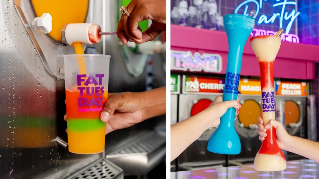 a frozen drink being poured, two tall souvenir cups 