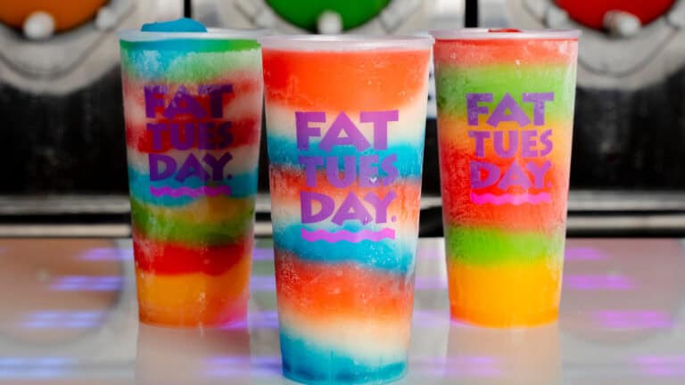 three colorful frozen drinks