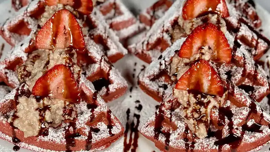 red velvet waffles covered in fruit