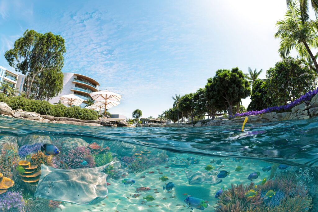 rendering of fish underwater with building and palm tress in the background.