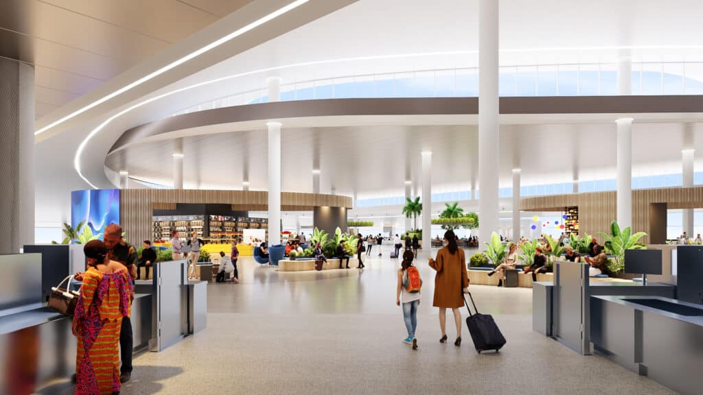 interior rendering of an airport terminal with multiple food hubs and shops