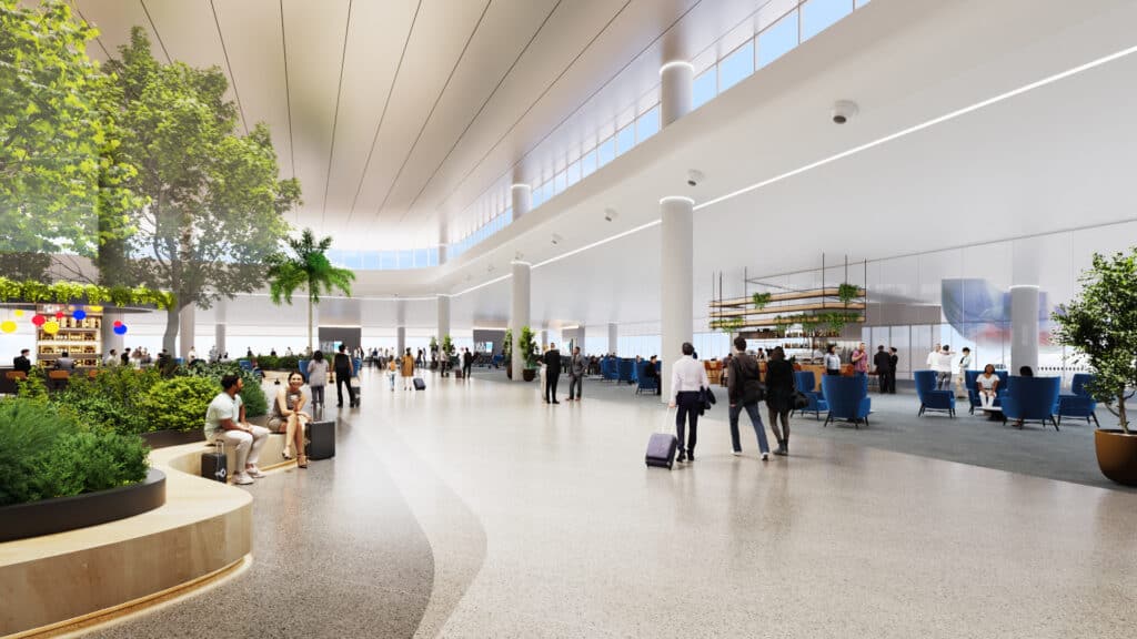 interior rendering of an airport terminal with multiple travelers passing through