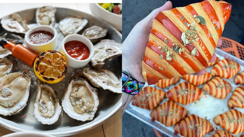 oysters on a plate, and large croissants 