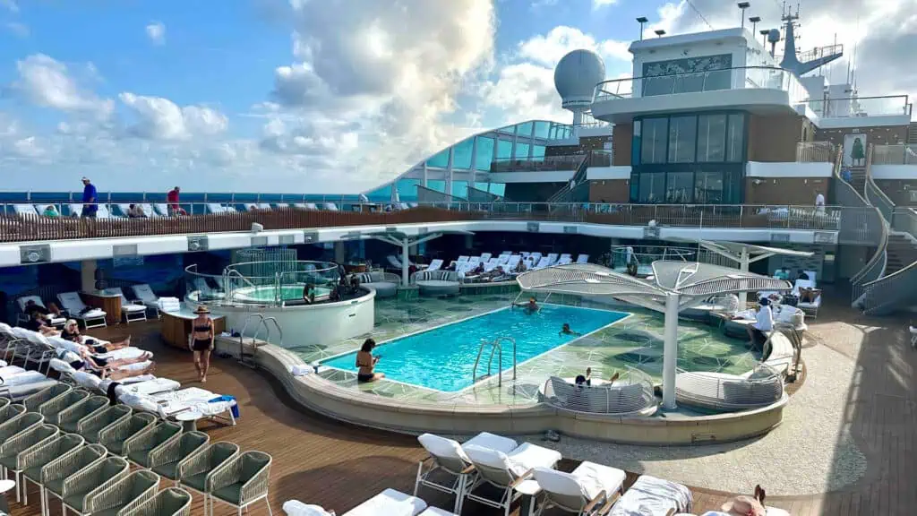 view of a cruise ship with a huge pool deck 