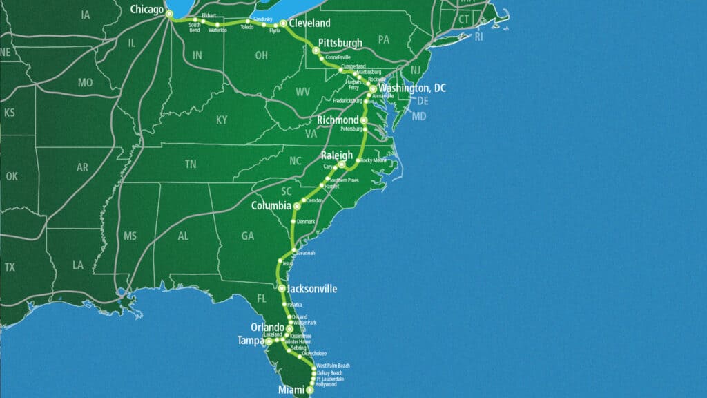 a green map detailing a train route 